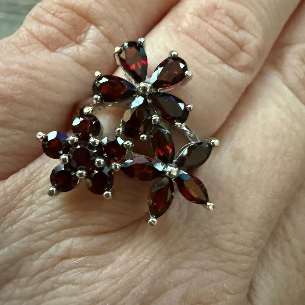Natural Garnet Sterling Silver Flower Cluster Ring